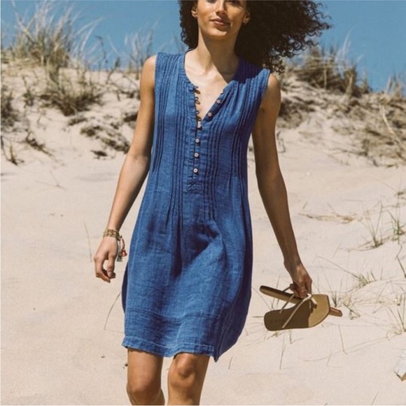 Faherty Dresses & Skirts - Faherty Brand Size XXL Pintucks Isha Shift Dress 100% Linen Pockets Indigo Dye